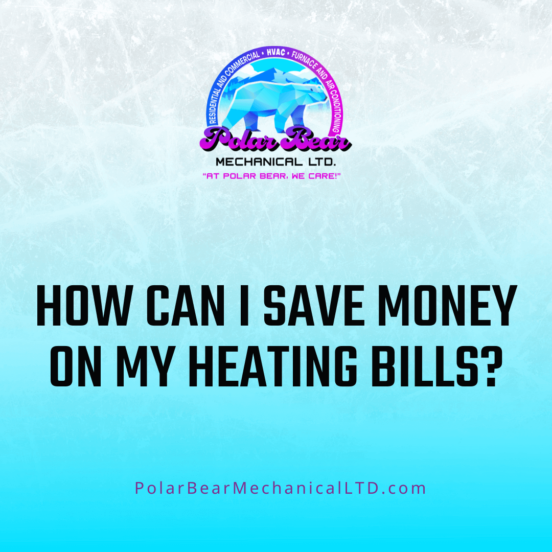 A graphic with blue and white glacier background, with a black title in the center that reads, How can I save money on my heating bills?"