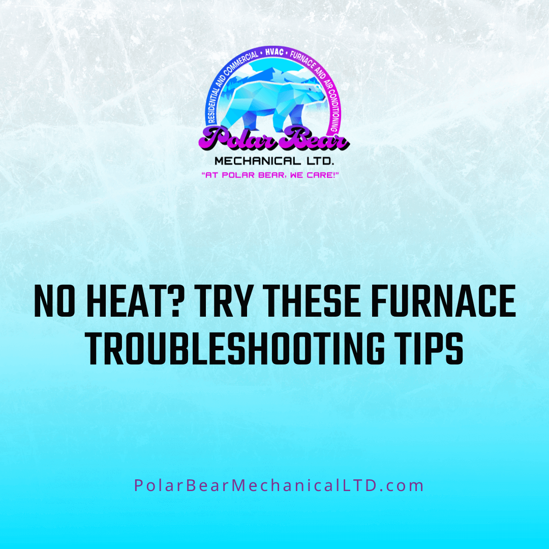 The graphic features a blue and white glacier background. In the center of the graphic is the title of the blog, which reads, "No Heat? Try These Furnace Troubleshooting Tips".