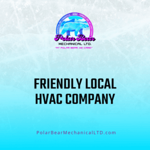The graphic features an icy background with a blue and white overlay. In the center of the graphic is the title of the corresponding blog, which reads, "Friendly Local HVAC Company".