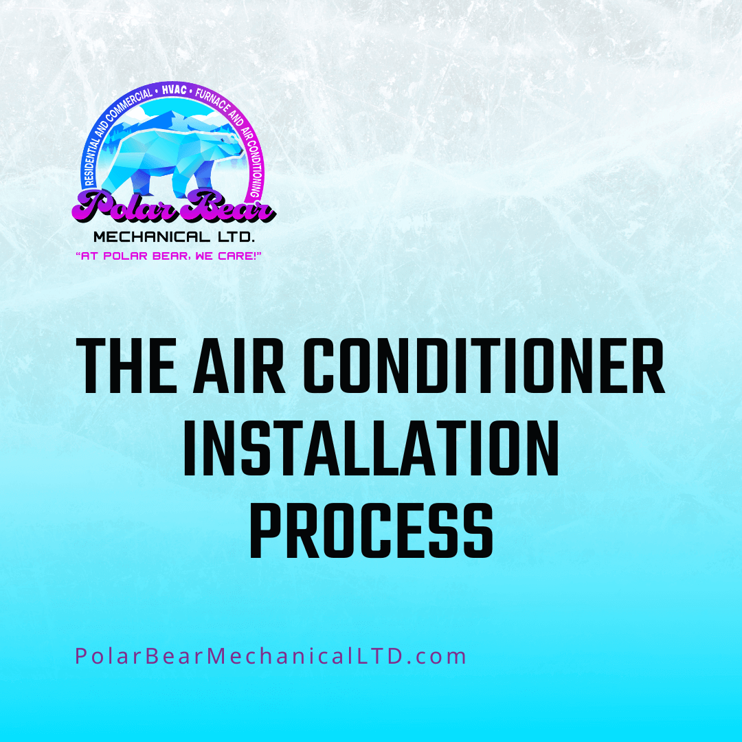 The graphic features an icy background with a blue and white overlay. In the center of the graphic is the title of the corresponding blog, which reads, "The Air Conditioner Installation Process".